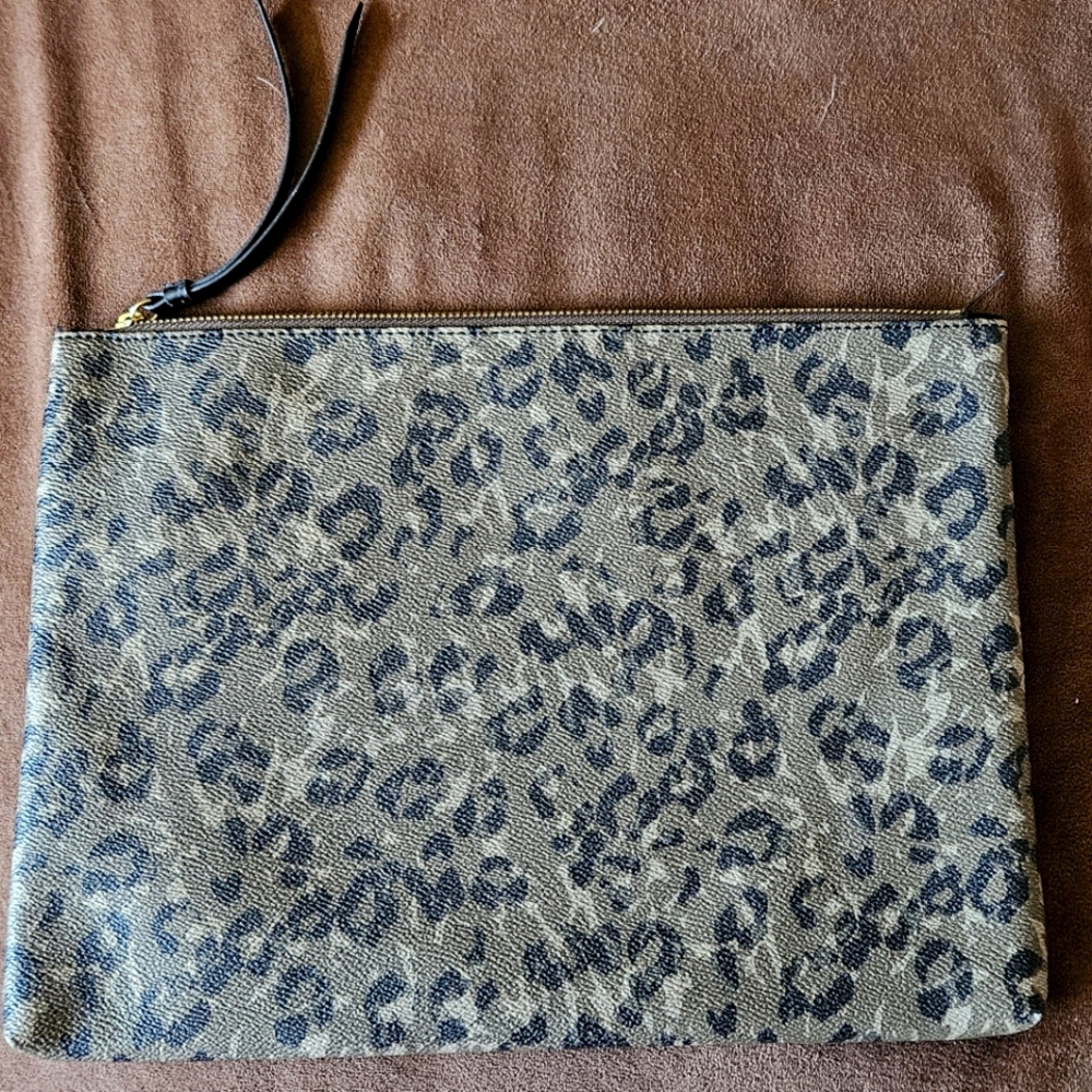 Leopard print on green, vinyl clutch